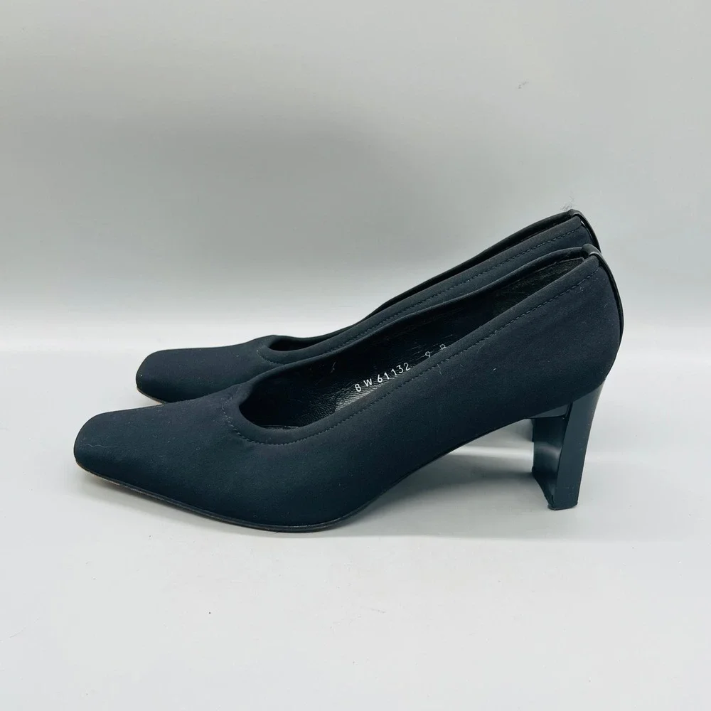 Stuart Weitzman Shoes Womens 8 Black Fabric Square Toe Block Heel Dress Pumps